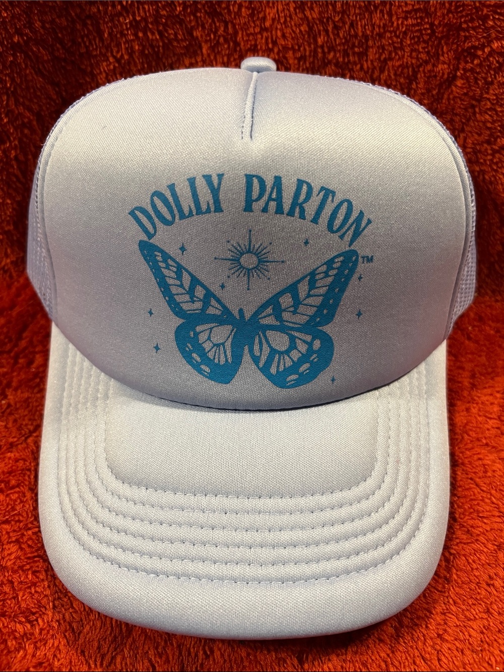 Adult Dolly Parton Lavender colorTrucker Hat with Teal Butterfly. NWT
